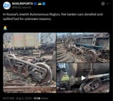 In Russia’s Jewish Autonomous Region, five tanker cars derailed and spilled fuel for unknown reasons. 03-08-2025