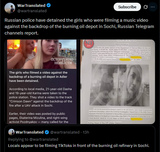 Russian police have detained the girls who were filming a music video against the backdrop of the burning oil depot in Sochi 03-08-2025 Telegram