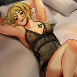 1girl, artist_usergore, indoors, bedroom, from above, s-3411890702