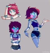 1891 - 3girls artist_marikbentusi belt blushing character_avery colored glowing_eyes half-closed_eyes joints nandroid no_background open_mouth shaded shorts shoulders_showing smiling tank_top teeth unique_outfit(1)