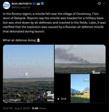 In the Rostov region, a missile fell near the village of Ovoshnoy, 7 km west of Bataysk. Reports say the missile was headed for a military base 05-08-2025