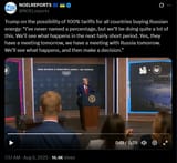 Trump on the possibility of 100% tariffs for all countries buying Russian energy, &#039;I’ve never named a percentage, but we’ll be doing quite a lot&#039; 06-08-2025