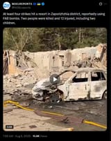 At least four strikes hit a resort in Zaporizhzhia district, reportedly using FAB bombs. Two people were killed and 12 injured, including two children 06-08-2025 HD