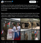 In Belarus, the first trains carrying Russian troops and equipment are being welcomed &#039;with bread and salt.&#039; 06-08-2025 &#039;Zapad-2025&#039; military exercise