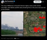 The city of Millerovo in Russia’s Rostov region came under attack overnight, with NASA satellite data showing fires in the area near 08-08-2025 airfield