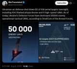 Ukrainian air defense shot down 82 of 108 aerial targets overnight, including 104 Shahed attack drones and 4 high-speed UAVs 08-08-2025 50000 enemy UAVs