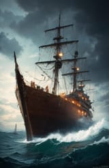 airt-(dark shot_1.1), epic realistic, broken old boat in big storm, illustrated by hergé, style of tin tin comics, pen and ink, femal