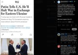 Putin is willing to agree to a full ceasefire if Ukraine withdraws its forces from all of eastern Donetsk region, WSJ reports. 09-08-2025 Will never happen. Any of it.