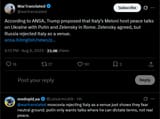 According to ANSA, Trump proposed that Italy’s Meloni host peace talks on Ukraine with Putin and Zelensky in Rome 08-08-2025 Zelensky agreed, but Russia rejected
