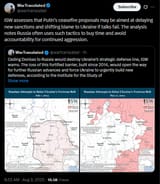 ISW assesses that Putin’s ceasefire proposals may be aimed at delaying new sanctions and shifting blame to Ukraine if talks fail 09-08-2025 tactics to buy time
