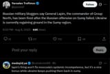 yarotrof 08-08-2025 Russian military bloggers say General Lapin, the commander of Group North, has been fired after the Russian offensive on Sumy failed