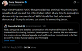 Kasparov63 08-08-2025 Your friend Vladimir Putin, The genocidal war criminal, Your friend who would sell out you and the entire Indian nation, narendramodi