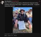 Screenshot 2025-08-09 at 18-01-46 Saul Staniforth (@SaulStaniforth) One of hundreds of people in Parliament Square today holding placards that read I oppose genocide. I support Palestine Action XCancel