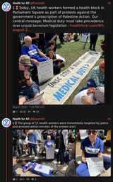 Screenshot 2025-08-09 at 18-26-09 Health for XR (@DoctorsXr) 1🧵Today UK health workers formed a health block in Parliament Square as part of protests against the government’s proscription of Palestine Action. Our central message Medical duty[...]