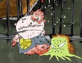 Small_pieces_of_a_broken_plate_with_small_broccli_that_Sheriff_gets_hit_by_while_he_holds_his_riot_baton_in_his_mouth