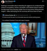 Kasparov63 10-08-2025 Nothing is honorable about rewarding the aggressor &amp; condemning the victim to occupation, torture, and death. LindseyGrahamSC HD