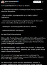 Joint Leaders’ Statement on Peace for Ukraine 10-08-2025 meaningful negotiations can take place only during ceasefire or a reduction of hostilities P1