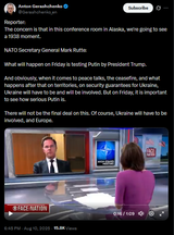 Reporter 10-08-2025 The concern is that in this conference room in Alaska, we&#039;re going to see a 1938 moment. NATO Secretary General Mark Rutte HD