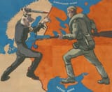 Soviet poster design from the Second World War (May 1944) showing a Red Army soldier pushing Hitler out of Eastern Europe. Artist Nikolai Federovich Denisovskii