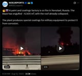 A paint and coatings factory is on fire in Yaroslavl, Russia. The blaze has engulfed ~4,500 m², with the roof already collapsed. 12-08-2025 Special coatings for equipment