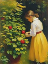 11212-1670255216-classic vintage abstract expressive oil painting of a little girl looking at plants in a garden. Golden ratio. Artwork by Abbott