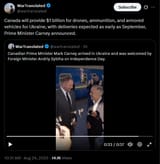 Canada will provide $1 billion for drones, ammunition, and armored vehicles for Ukraine 24-08-2025 deliveries expected, September, Prime Minister Carney