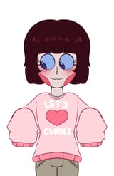 10504 - 1girl _3 artist_piggommi blushing character_rosey colored eye_reflection full_face_blush hair_refl...heart long_sleeves looking_to_the_side nandroid nervous no_background reflection shorts smiling sweater text unique_outfit