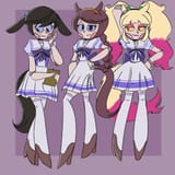 10490 - 3girls animal_ears artist_c4i0 braid brown_feet character_kristy character_lacey character_penny_(...ard colored copyright_usa_musume eye_reflection glasses hairband half-closed_eyes hand_on_hip horse_ears horse_tail joints