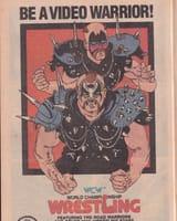An advertisement featuring The Road Warriors, promoting the 1990 Nintendo release, World Championship Wrestling.