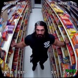 Seth Rollins in a store with 100 candy bars, security camera style 2