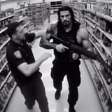 Roman Reigns with an AK in a store in combat with a security officer, grainy, vhs, security camera footage