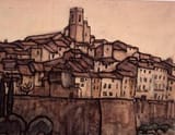 View of a Walled Town with Roof Rising to a Square Tower on a Hill - Anne L. Falkner