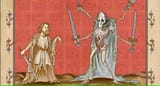 Brave Sire of Quennes-Oby facing an abominable skeletal creature