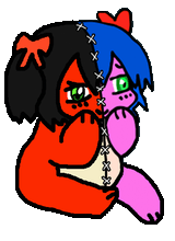 [www.bury.pink] gif bow red_bow green_eyes ebil beary blue_hair pink_skin 1character beary_ebil swinging_legs black_hair red_skin stitches - 1135