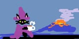 wizard cat drinking coffee with volcano in the background