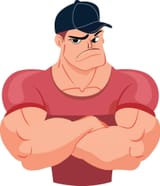 stereotypical-male-bully-crossed-hands-on-chest-with-a-scowl-and-a-cruel-smirk-flat-style-illustration-bodybuilder-with-wearing-a-red-t-shirt-and-a-black-hat-stock-image-vector