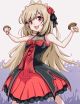 ecute proudly holds two mushrooms excitedly