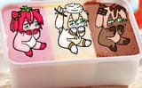 [www.bury.pink] green_eyes beary split_mouth food hands_on_own_face smile no_nose twintails hair_between_eyes 3characters ice_cream strawberry hair_ornament chocolate food-themed_hair_ornament fruit_hair_ornament vanilla - 12964