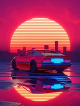 retro-styled-red-car-poster-neon-gradient-background-vaporwave-sunset-theme-shiny-electric-sports-dark-night-colorful-338317983