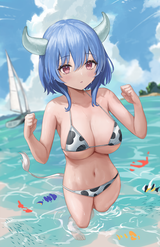 minos, a cow, stands in water with fish