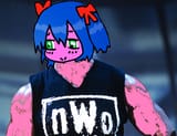 [www.bury.pink] bow red_bow green_eyes blue_hair split_mouth pink_skin real_life black_shirt shirt nwa nwo - 13115