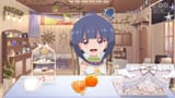 patra chan on computer with oranges and treats happy big smile