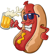cool hot dog wearing sunglasses and drinking a mug of beer