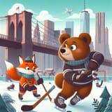 a bear and a fox going on ice hockey adventures together in new york city, style of children&#039;s book illustration