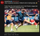 Screenshot 2025-07-31 at 08-48-07 Arsenal Press (@ArsenalPress_) Viktor Gyökeres recorded a 130km_h shot in training today 🤯 Faster than the most powerful shot in the Premier League last season - 109km_h by Alexander Isak XC[...]