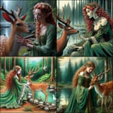 a female elf petting a deer beside a forested pond