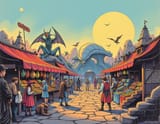 FXB-Verse_00117-D&amp;D book Style, market place backdrop, aliens and other creatures in the background&gt;. soft color gradients. intricate line work