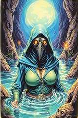 FXB-Verse_00118-D&amp;D book Style, aquatic ritual in the distance, FLUX Plague Doctor, blueish green attire, magical water powers, aquatic aura 