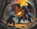 FXB-Verse-00119-D&amp;D book Style, forest] in the distance, epic fight, small viking fighting overwhelming monstrous supernatural knight with darkness aura