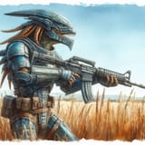 Fantasy Watercolor Art. Lizardman Soldier wielding gun. Wearing Military Armor with head covering helmet, Empty Field Background luck